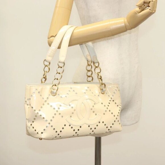 CHANEL Chain Shoulder Bag Enamel Ivory Gold CC Auth 136726 - Picture 3 of 16